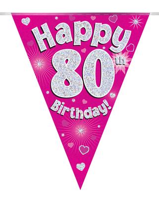 Happy 80th Birthday Pink Holographic Party Bunting