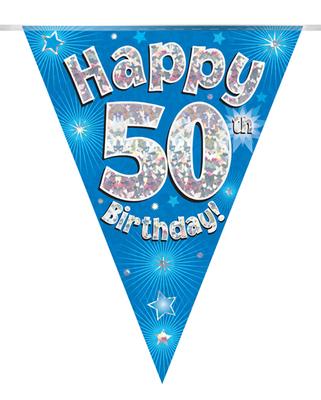 Happy 50th Birthday Blue Holographic Party Bunting