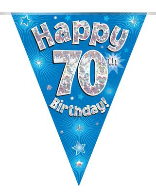 Happy 70th Birthday Blue Holographic Party Bunting
