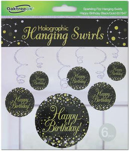 Sparkling Fizz Black And Gold Happy Birthday Hanging Swirl Decorations x6