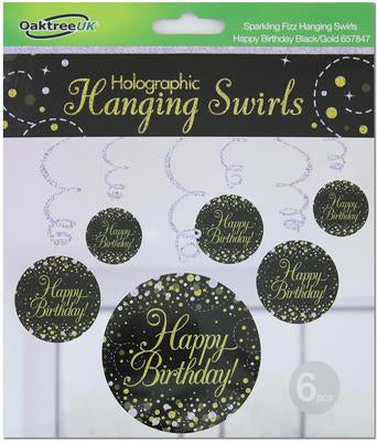Sparkling Fizz Black And Gold Happy Birthday Hanging Swirl Decorations x6