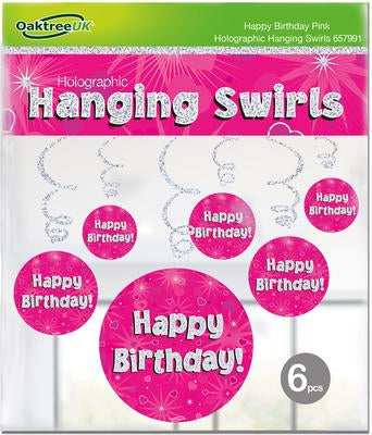 Pink Happy Birthday Hanging Swirl Decorations x6