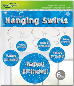 Blue Happy Birthday Hanging Swirl Decorations x6