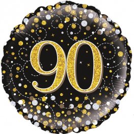 90th Birthday Sparkling Fizz Black And Gold Helium Filled Foil Balloon