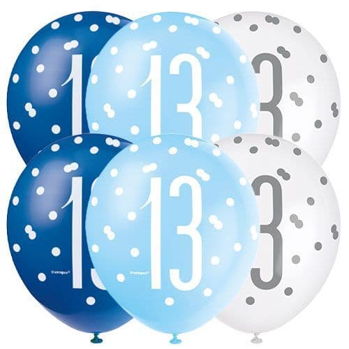 Blue Glitz Age 13 Latex Balloons (6 Pack)