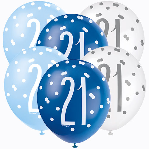 Blue Glitz Age 21 Latex Balloons (6 Pack)
