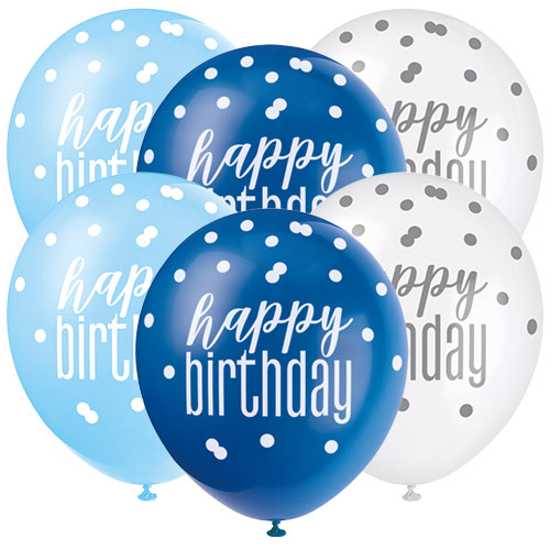 Blue Glitz Happy Birthday Latex Balloons (6 Pack)