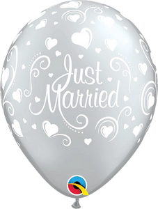 Just Married Silver Hearts Latex Balloon (Sold loose)