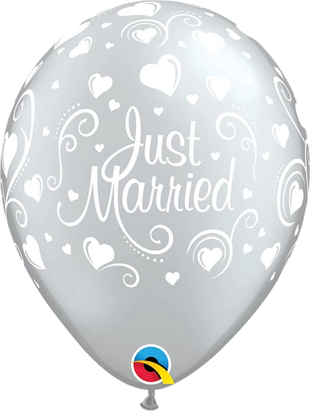 Just Married Silver Hearts Latex Balloon (Sold loose)