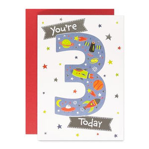 You're 3 Today Space Birthday Greeting Card