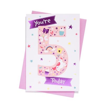 You're 5 Today Unicorn And Cupcakes Birthday Greeting Card