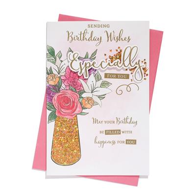 Special Birthday Wishes Glitter Vase Greeting Card