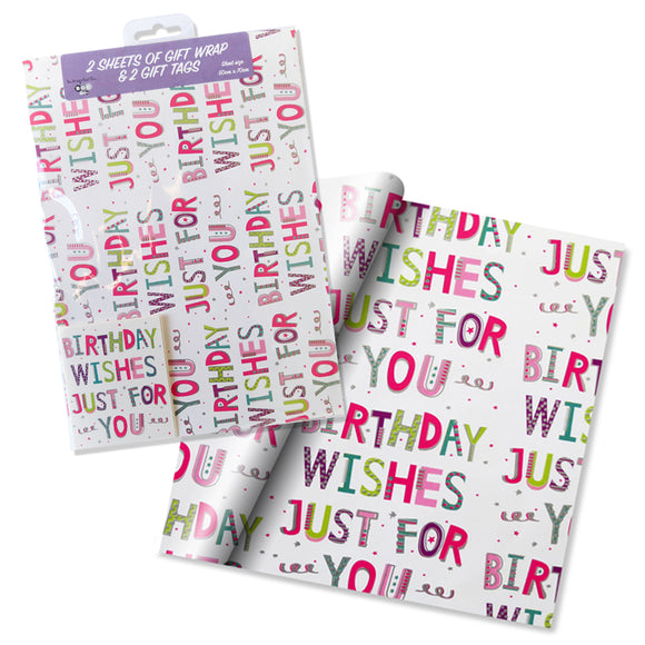 Birthday Wishes Pink And White Gift Wrap And Gift Tag Set