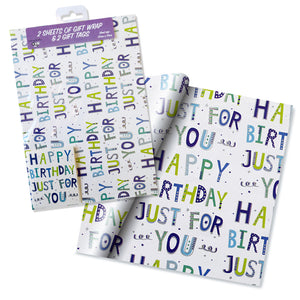 Just For You Happy Birthday Blue And White Gift Wrap And Gift Tag Set