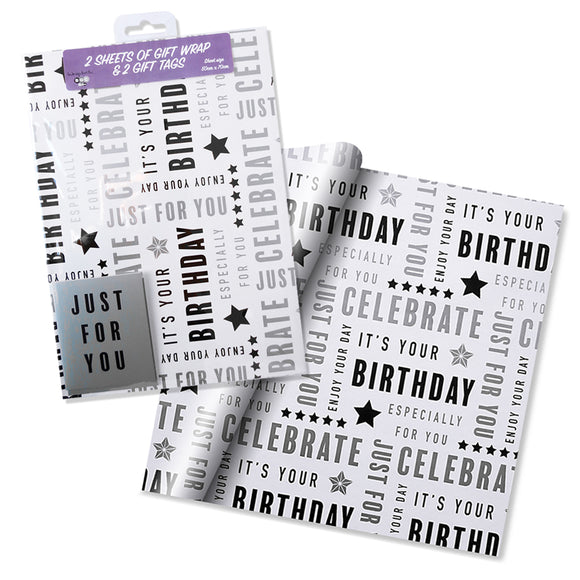 It's Your Birthday Black And Silver Text Gift Wrap And Gift Tag Set