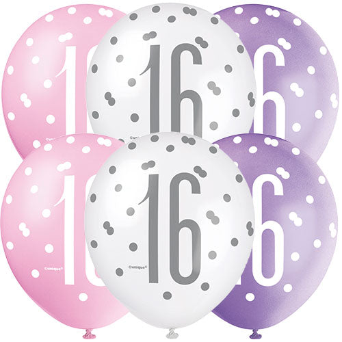 Pink Glitz Age 16 Latex Balloons (6 Pack)