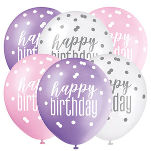 Pink Glitz Happy Birthday Latex Balloons (6 Pack)