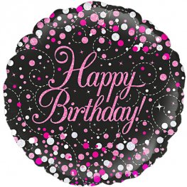 Happy Birthday Sparkling Fizz Pink And Black Helium Filled Foil Balloon
