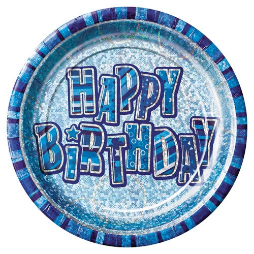 Blue Glitz Happy Birthday Paper Party Plates x8