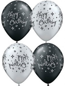 Happy Birthday Black And Silver Elegant Sparkles And Swirls Latex Balloons x10 (Sold loose)