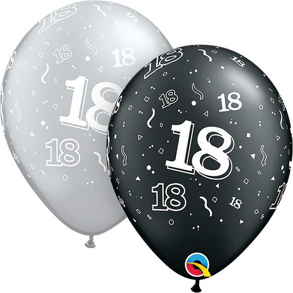 18th Birthday Black And Silver Latex Balloons x10 (Sold loose)