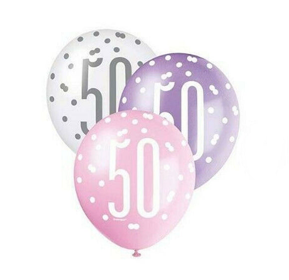 Pink Glitz Age 50 Latex Balloons (6 Pack)