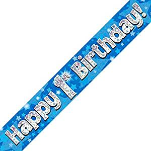 Happy 1st Birthday Blue Holographic Banner